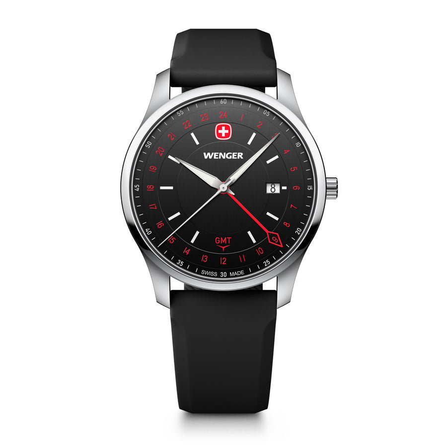 City GMT, 42 mm, Black Dial, Black Silicone Strap, Men's Watch