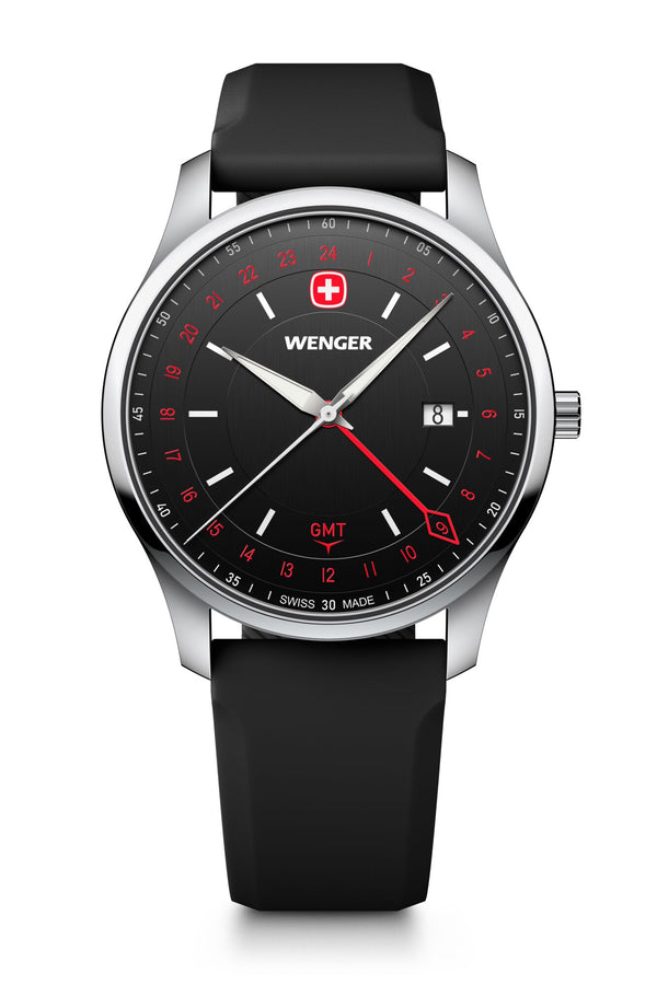City GMT, 42 mm, Black Dial, Black Silicone Strap, Men's Watch