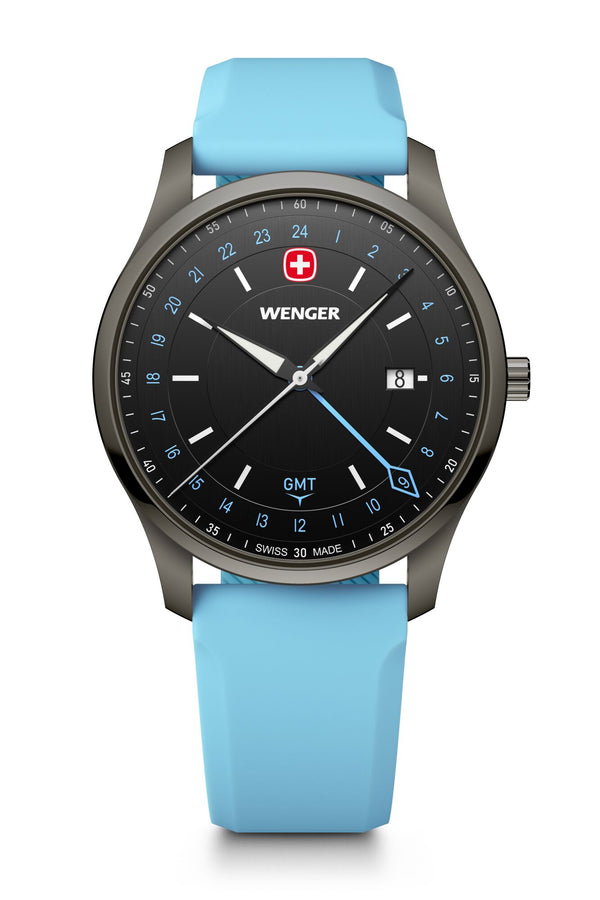 City GMT, 42 mm, Black Dial, Blue Silicone Strap, Men's Watch