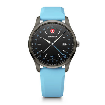 City GMT, 42 mm, Black Dial, Blue Silicone Strap, Men's Watch
