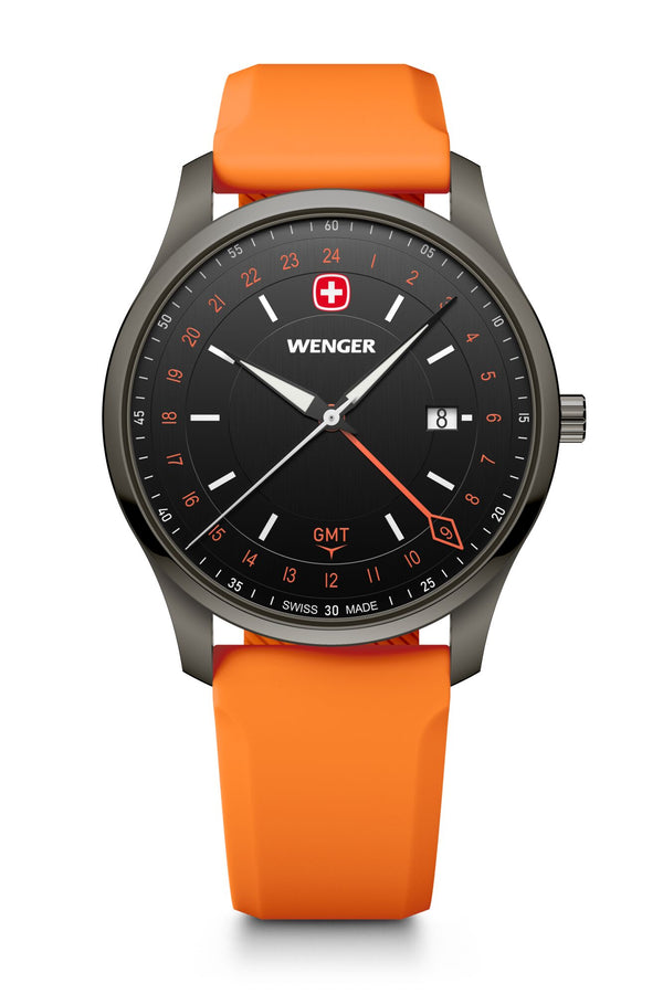 City GMT, 42 mm, Black Dial, Orange Silicone Strap, Men's Watch
