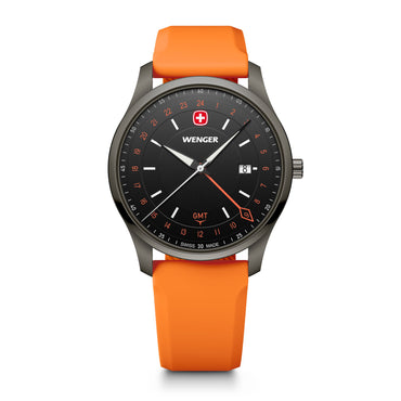 City GMT, 42 mm, Black Dial, Orange Silicone Strap, Men's Watch