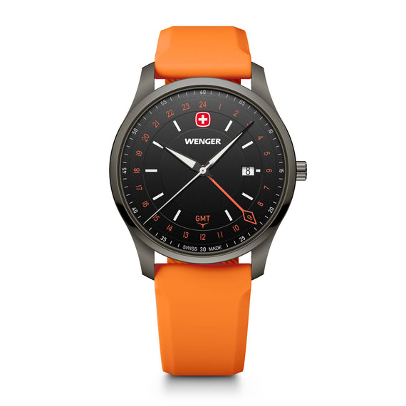 City GMT, 42 mm, Black Dial, Orange Silicone Strap, Men's Watch