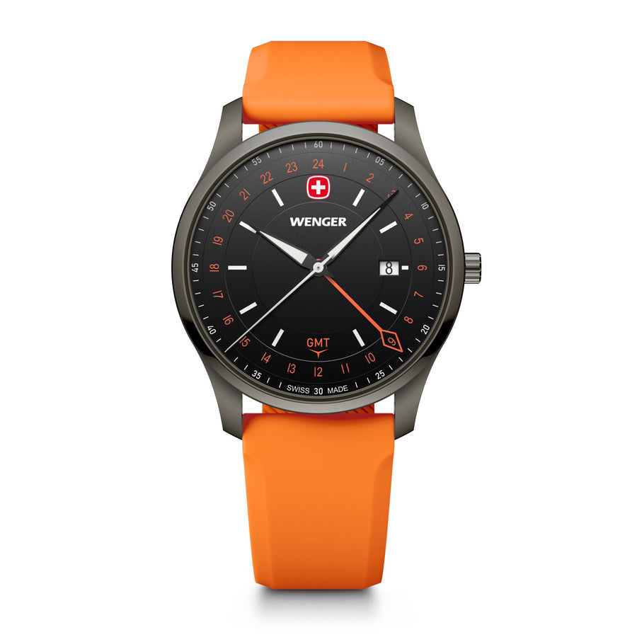 City GMT, 42 mm, Black Dial, Orange Silicone Strap, Men's Watch