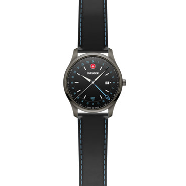 City GMT, 42 mm, Black Dial, Black Leather Strap, Men's Watch