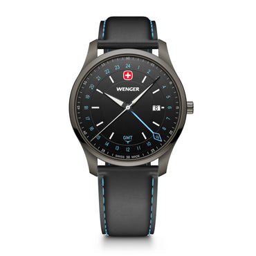 City GMT, 42 mm, Black Dial, Black Leather Strap, Men's Watch