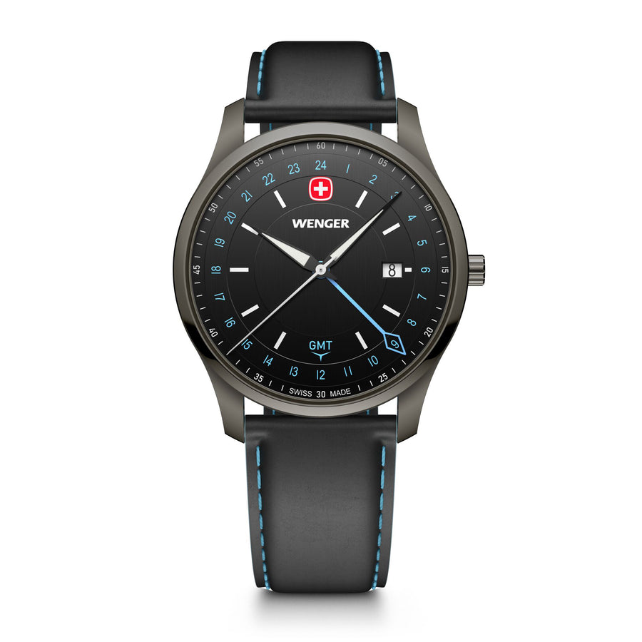 City GMT, 42 mm, Black Dial, Black Leather Strap, Men's Watch