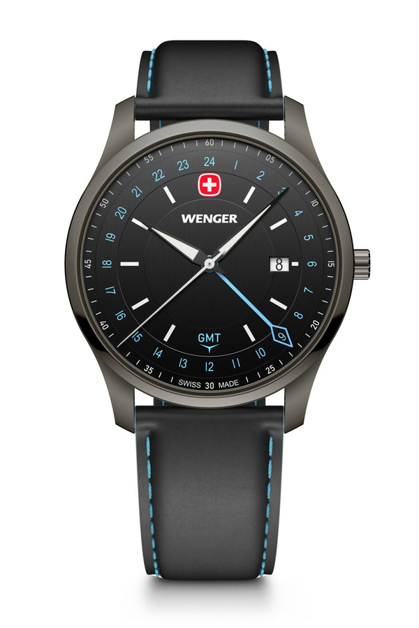 City GMT, 42 mm, Black Dial, Black Leather Strap, Men's Watch