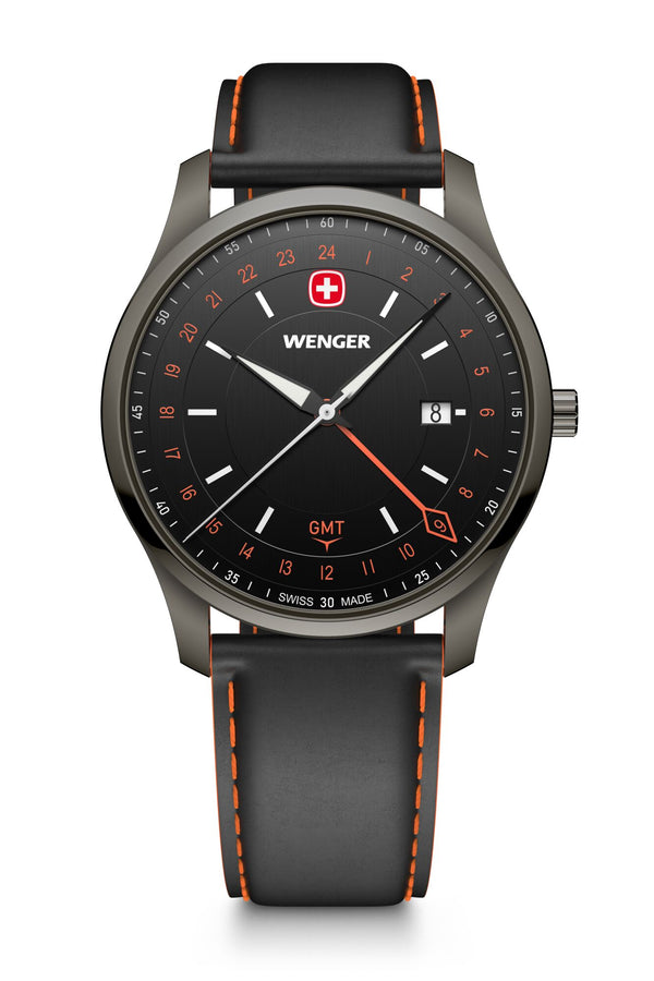 City GMT, 42 mm, Black Dial, Black Leather Strap, Men's Watch