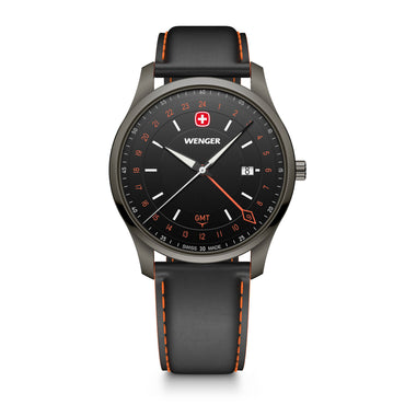 City GMT, 42 mm, Black Dial, Black Leather Strap, Men's Watch