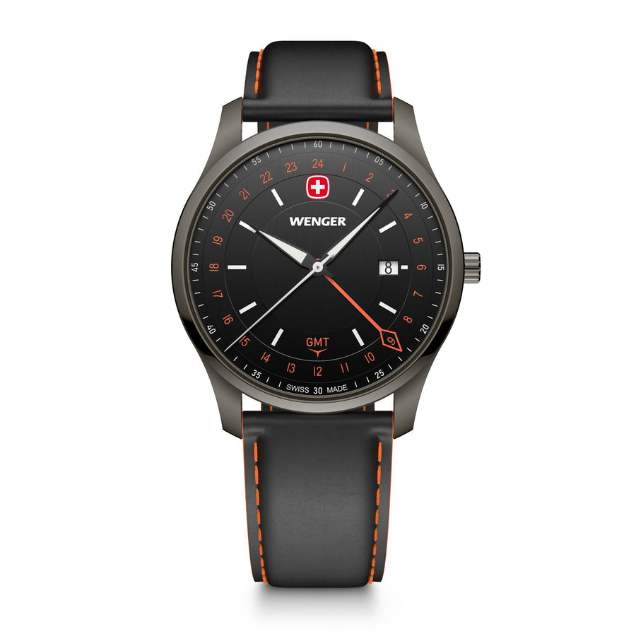 City GMT, 42 mm, Black Dial, Black Leather Strap, Men's Watch