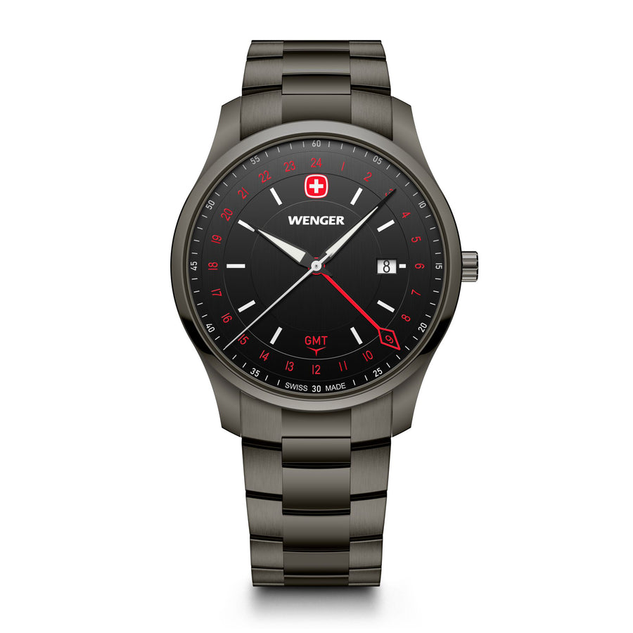 City GMT, 42 mm, Black Dial, Black Ice Stainless Steel Bracelet, Men's Watch