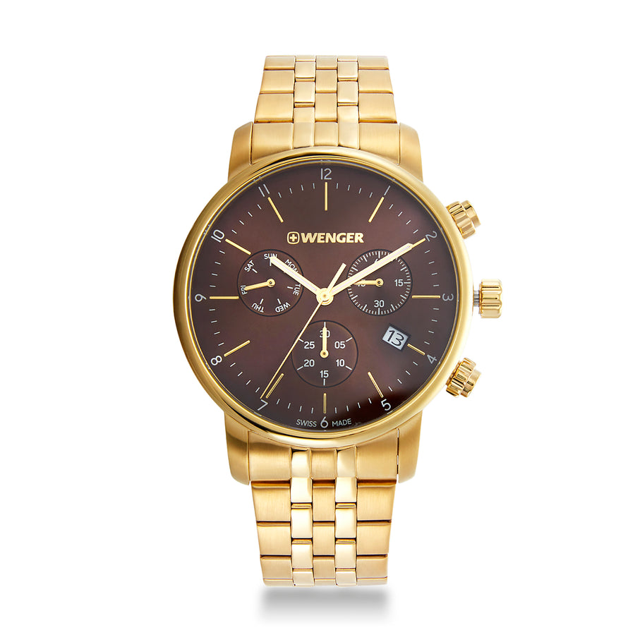 Urban Classic Chrono 44 mm, Brown Dial, Gold SS Bracelet, Men's Watch